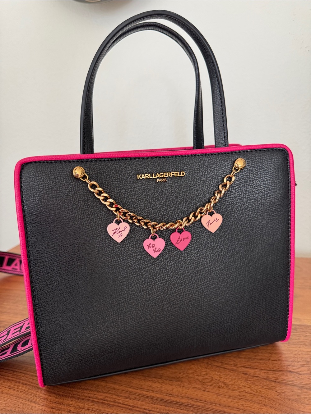 Karl Lagerfeld Black Satchel with Hot Pink Trim & Gold Heart Charm Chain